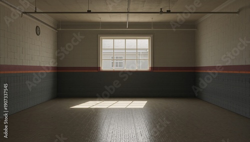 Large Empty Room With a Window and a Clock on the Wall in a Quiet Building Du...
