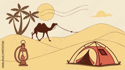 Desert Camping Adventure Camel Trek Journey Illustration for Travel Brochures or Adventure Tourism Web Design