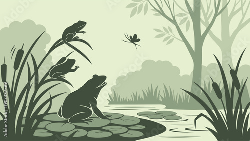 Frogs Hunting Dragonfly Over Lily Pads in Serene Pond Habitat Perfect for Nature Education Wildlife Design