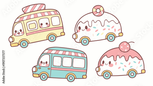 Cute Kawaii Dessert Food Trucks and Ice Cream Vans for Kids Party Branding Fun Sweet Treats Vector Illustration
