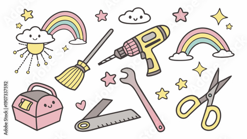 Cute Kawaii DIY Tools and Rainbows for Kids Craft Projects Web Design Icons or Nursery Decor