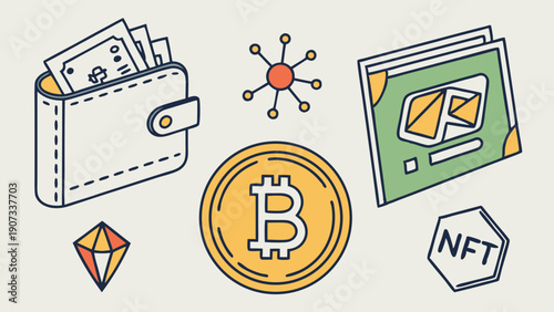 Crypto Wallet and Bitcoin Icons for Digital Finance Investment Planning Web Design Assets