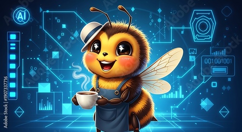Adorable, cheerful insect mascot holding a cup of warm beverage against a glowing digital backdrop