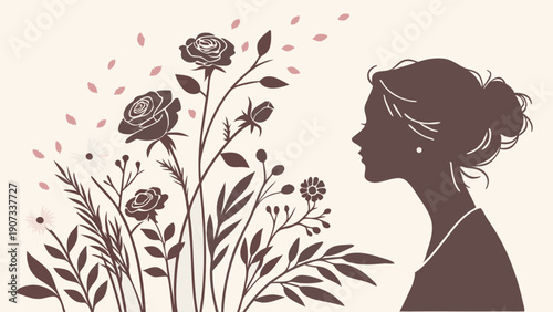 Elegant Woman Silhouette Adoring Fresh Roses Bouquet for Mother's Day Greeting Card or Beauty Branding Design