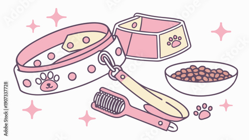 Cute Pink Pet Supplies Flat Lay for Grooming and Feeding Dogs or Cats Web Design or Retail Promotion