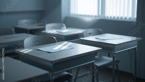 Desks in a Classroom With Sunlight Shining Through the Windows in the Early M...