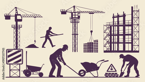Construction Workers Silhouettes Building Infrastructure with Cranes and Wheelbarrows for Industry Web Design Projects