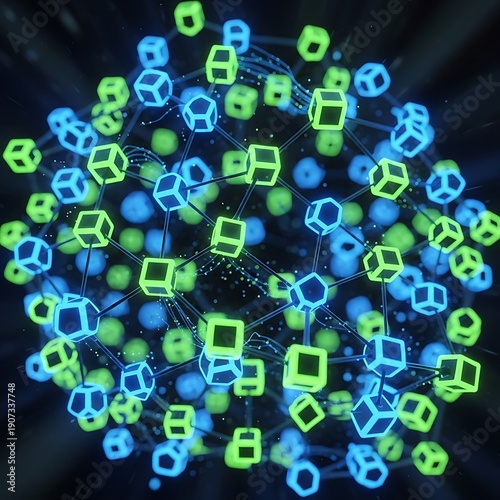 Glowing neon geometric nodes connect to form a complex digital structure