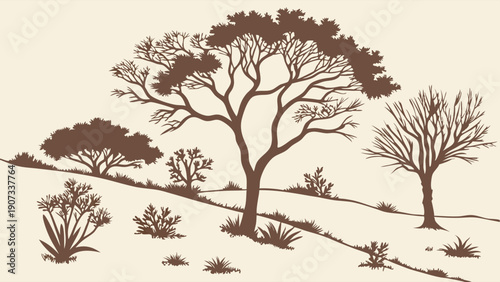 Savanna Landscape Silhouette Vintage Engraving for Nature Documentary Design Travel Brochure Environmental Web Banner