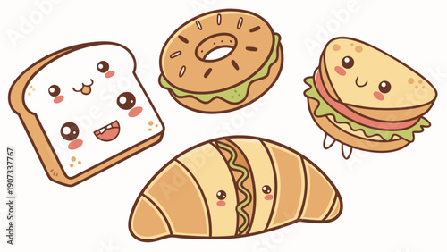 Cute Kawaii Bread, Bagel, Croissant, and Sandwich Characters for Bakery Cafe Menu Design or Food Blog Graphics