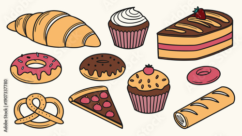Delicious Bakery Assortment Croissant Donut Cupcake Pizza Pretzel for Cafe Menu Design or Food Blog Graphics