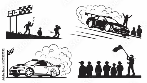 Rally Race Victory Celebration Dynamic Car Finish Line Crowd Cheering Extreme Sports Event Design Element