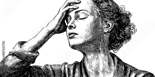 Vintage engraving of human emotion with anxious tense posture in botanical style