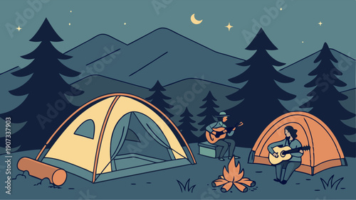 Cozy Night Camping Scene with Friends Playing Guitar by Campfire for Travel Website Banners and Outdoor Adventure Promotion