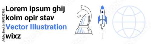 Strategy, innovation, technology, global reach, exploration, internet connection. Chess knight, rocket and globe . Strategy and innovation concepts with creativity and focus