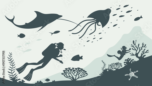 Silhouette of Scuba Divers Exploring Vibrant Coral Reef with Dolphin and Jellyfish for Travel Brochures and Ocean Education Materials