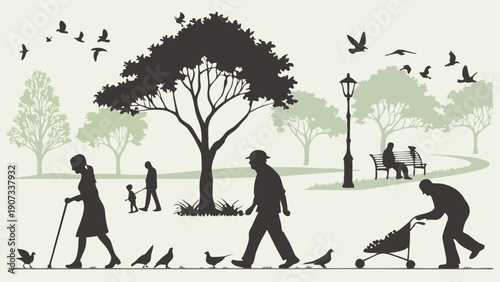 Silhouettes of Seniors Walking in Sunny Park for Health, Wellness, and Retirement Lifestyle Design Elements