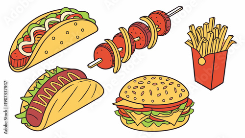 Delicious Fast Food Collection Taco Hot Dog Burger Fries Kebab Illustration for Restaurant Menus Web Design Advertising
