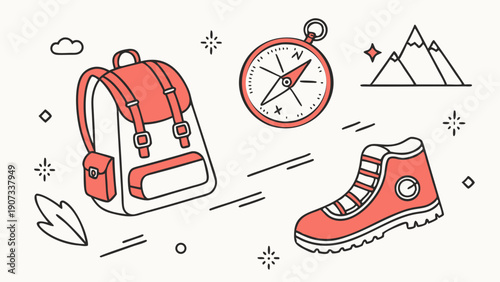 Minimalist Hiking Gear Icons Backpack Compass Boot for Outdoor Adventure Travel Web Design and Seasonal Camping Promotion