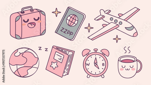 Cute Kawaii Travel Icons for Vacation Planning Website Design Packing Luggage Airplane Passport and Sleep Symbols