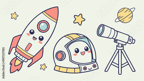 Cute Kawaii Space Rocket Astronaut Helmet and Telescope for Kids Education Science Web Design Graphics