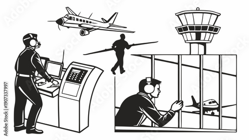 Air Traffic Control Tower Operations Focused Ground Crew Guiding Aircraft Landing for Aviation Industry Web Design Projects