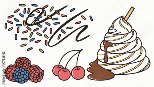 Delicious Meringue Dessert with Chocolate Drizzle Sprinkles Berries and Cherries for Cafe Menu Design