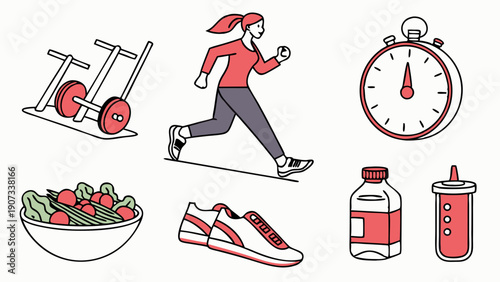 Fitness Lifestyle Icons Running Woman Salad Stopwatch Workout Gear for Health Wellness Website Design and Sports Promotion