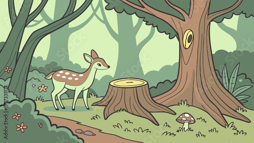 Cute Fawn Deer Standing Near Tree Stump in Lush Green Forest for Nature Education Websites and Children's Book Illustrations