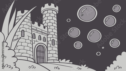 Mysterious Castle Gate Entrance with Floating Soap Bubbles for Fantasy Storytelling or Dreamlike Web Design Background