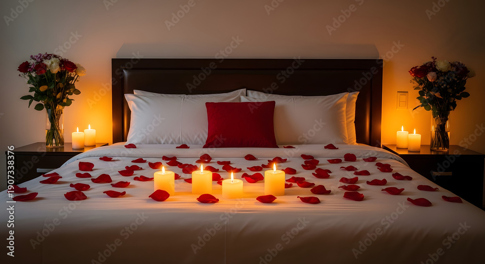 custom made wallpaper toronto digitalA romantic bedroom with rose petals, glowing candles, and flower bouquets creates a warm, intimate ambiance.