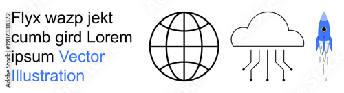 Technology, innovation, global network, cloud computing, digital growth, space exploration. A globe, cloud icon with circuits and a rocket. Global network and technology in focus