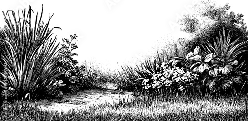 Vintage botanical engraving of mist rising from ground