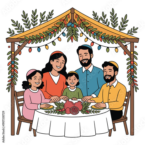 A happy Jewish family celebrating a holiday together in a sukkah