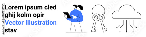 Data security, cloud computing, key management, IT services, online access, technology protection. A person holding a tablet next to keys and a cloud icon. Cybersecurity and cloud computing concept