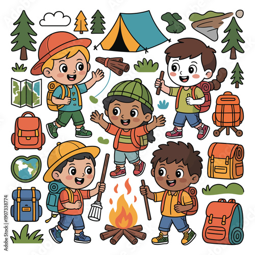 A group of happy children enjoying a camping trip with backpacks and a campfire