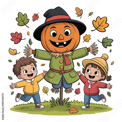 A scarecrow with a pumpkin head and two happy children playing together in a field with falling autumn leaves.