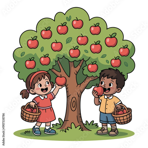Two happy children picking apples from a tree in an orchard on a sunny day