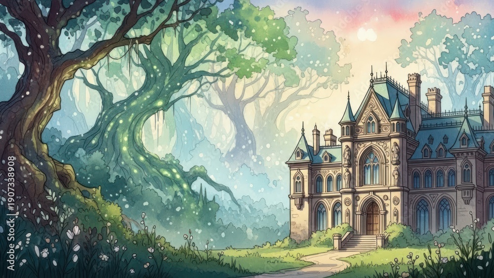 Naklejka premium Fantasy landscape featuring a grand building and vibrant trees illuminated with sunlight