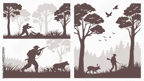 Silhouettes of Hunters Tracking Game in Forest Woods for Outdoor Adventure, Sport, or Survival Themed Web Design
