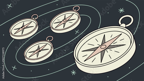 Navigating Success Four Compasses Orbiting Large Guiding Compass for Directional Growth and Future Planning