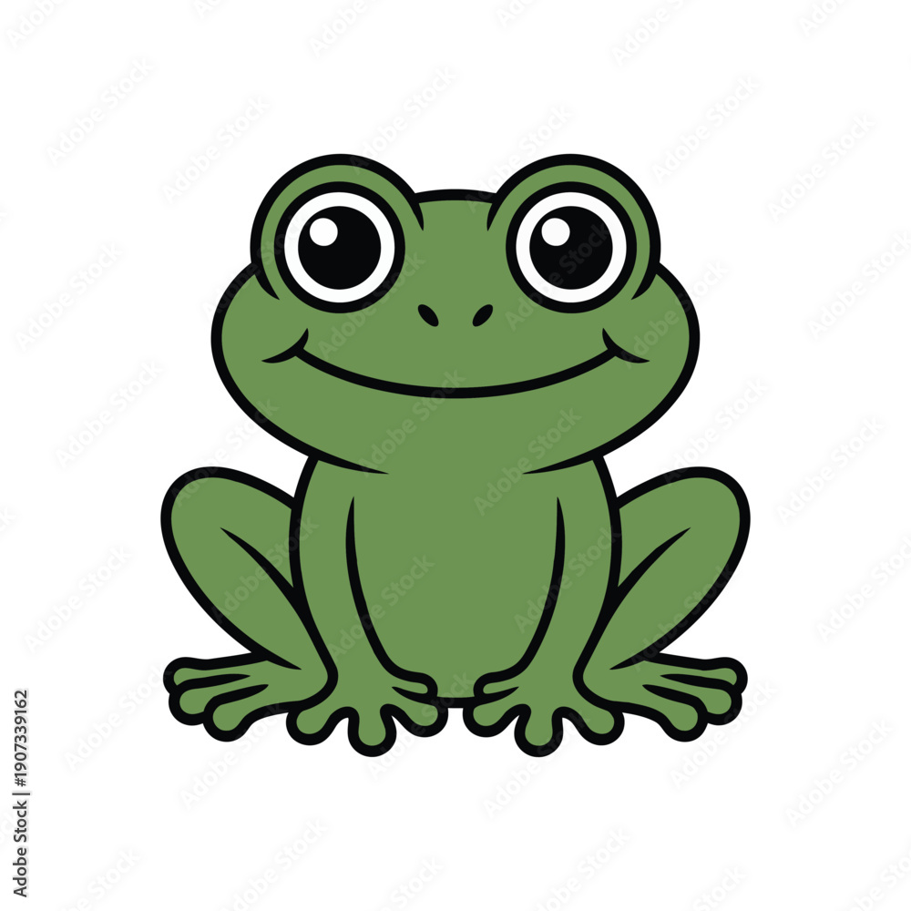 Obraz premium A cartoon green frog with big eyes and a smile sits on a white background