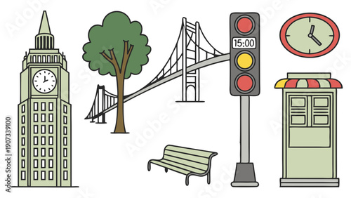 Cityscape Icons Set Urban Landmark Bridge Clock Traffic Light Park Bench for Travel Web Design Infographics