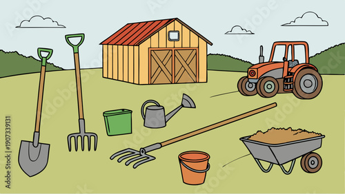 Farm Tools and Tractor Illustration for Agriculture Website Design Gardening Supply Store Promotion Rural Life Scene