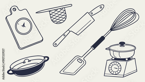 Minimalist Line Art Kitchen Utensils Set for Cooking Recipe Design Baking Blog Graphics Food Preparation Illustration