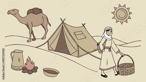 Bedouin Woman Carrying Basket Near Desert Tent with Camel and Campfire for Travel or Heritage Illustration