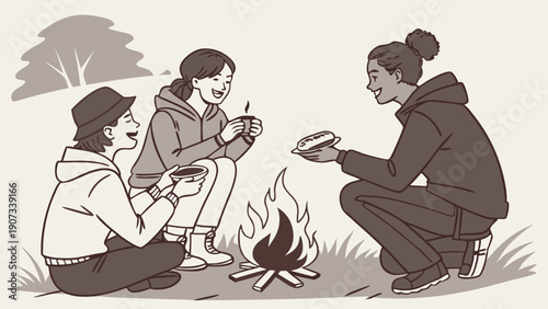 Three Happy Young Friends Enjoying Roasted Marshmallows Around a Campfire Outdoors for Camping Lifestyle and Outdoor Recreation Content