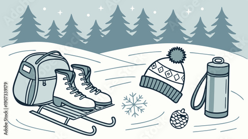 Winter Ice Skating Gear Sled Bag Hat Thermos on Snowy Landscape for Holiday Travel and Outdoor Recreation Design