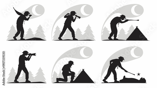 Silhouette of Hunter Scouting Night Camp Survival Tracking Wildlife Adventure Outdoor Exploration Journey Preparation