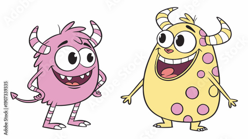 Two Cheerful Cartoon Monsters for Children Education Fun Learning Kids App Design or Playful Website Graphics